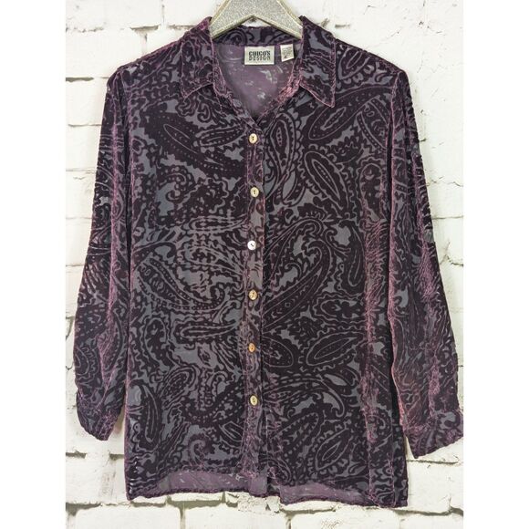 CHICO'S Design Rayon/Silk Burnout Velvet Paisley Shirt Boho Hippie Large/12 - Picture 1 of 8